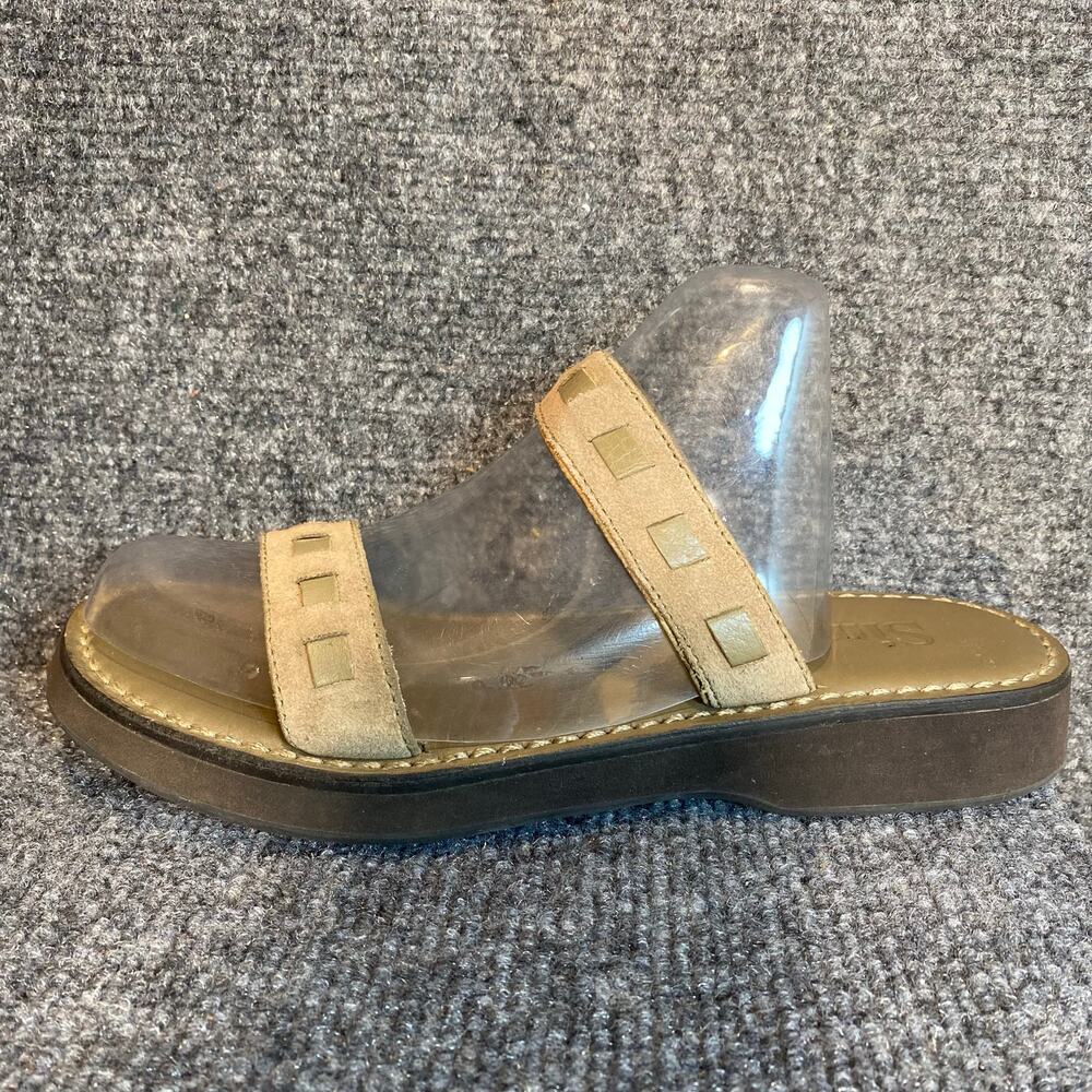 Simple Womens 7.5 Strappy Double Strap Tan Beige Leather Slip On Sandals